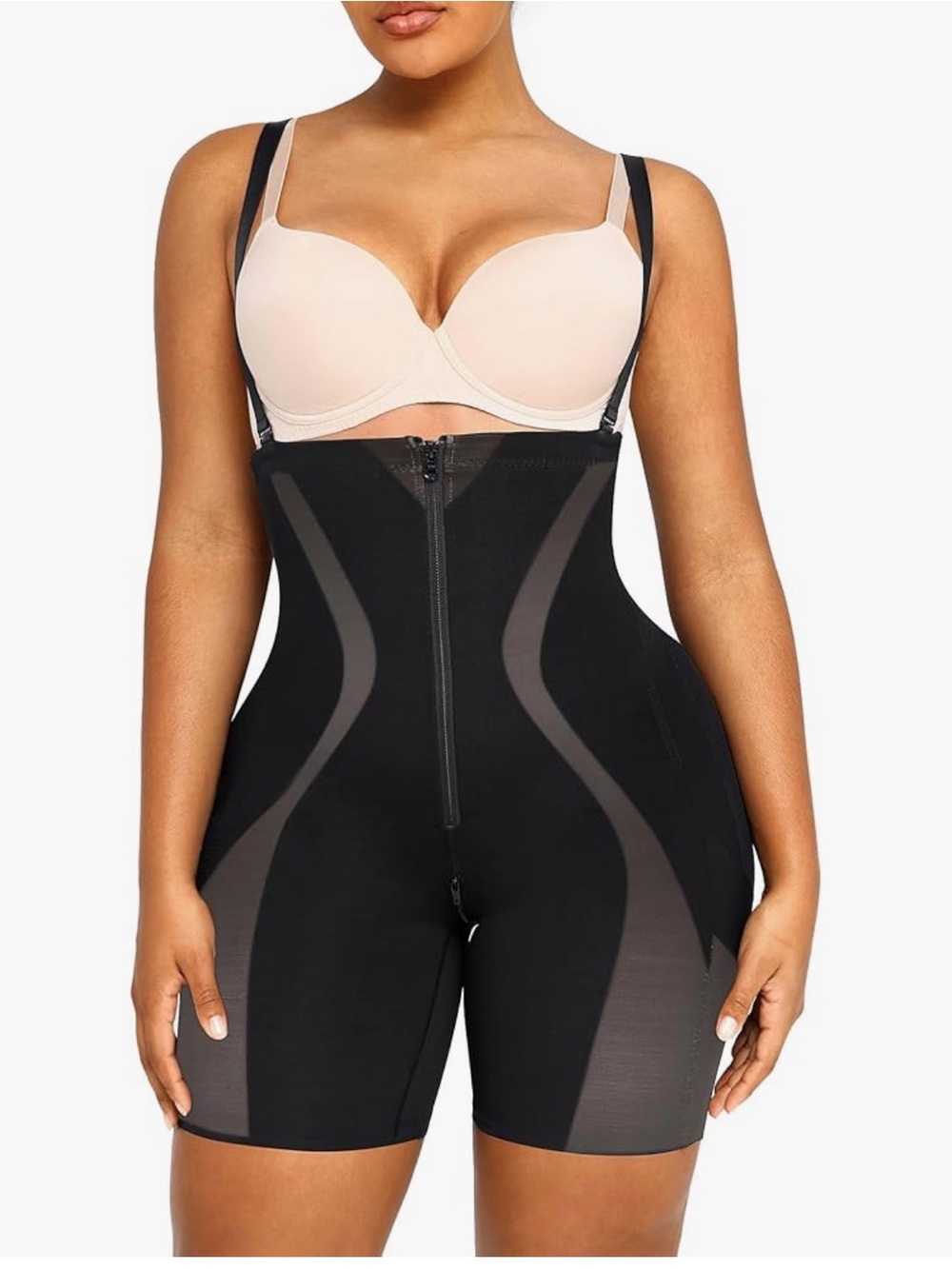 High-Waist Black Mid-Thigh Shapewear Bodysuit with Front Zip